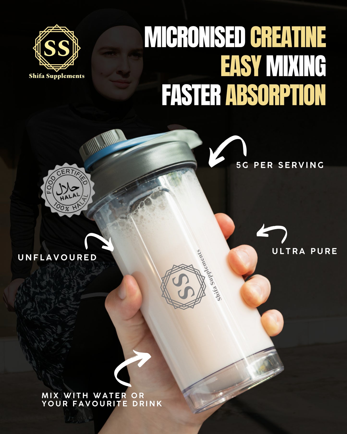 Shifa Supplements - Creatine Monohydrate Powder Helal - Ideal for Muscle Growth & Recovery - Unflavoured Creatine 5g | 100% Pure Micronised Creatine Powder | Supports Strength Performance | 80 Servings