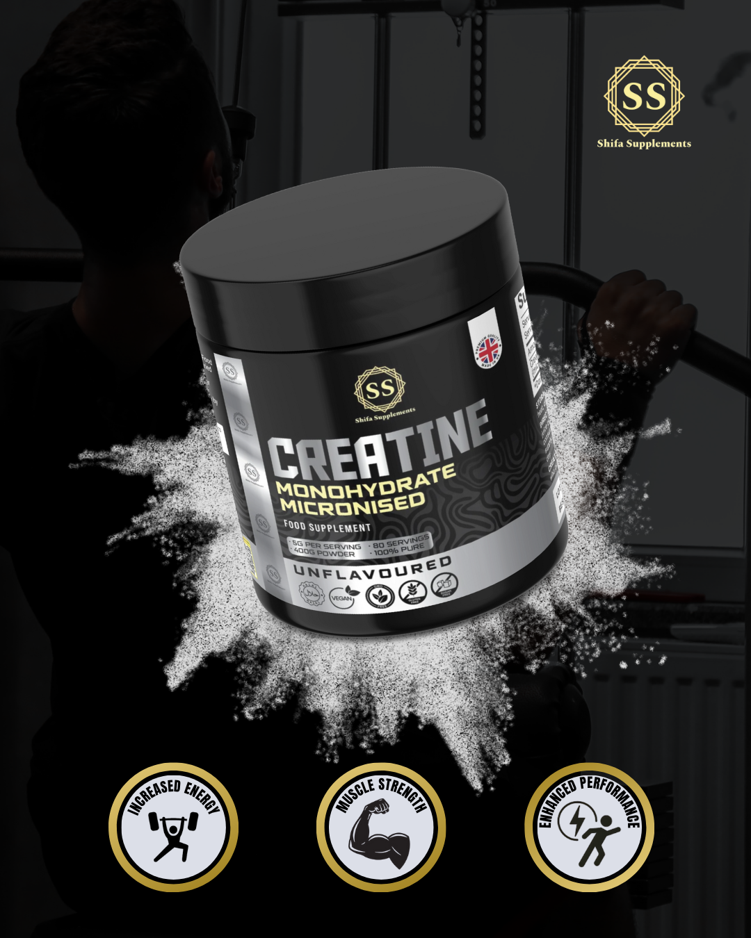 Shifa Supplements - Creatine Monohydrate Powder Helal - Ideal for Muscle Growth & Recovery - Unflavoured Creatine 5g | 100% Pure Micronised Creatine Powder | Supports Strength Performance | 80 Servings