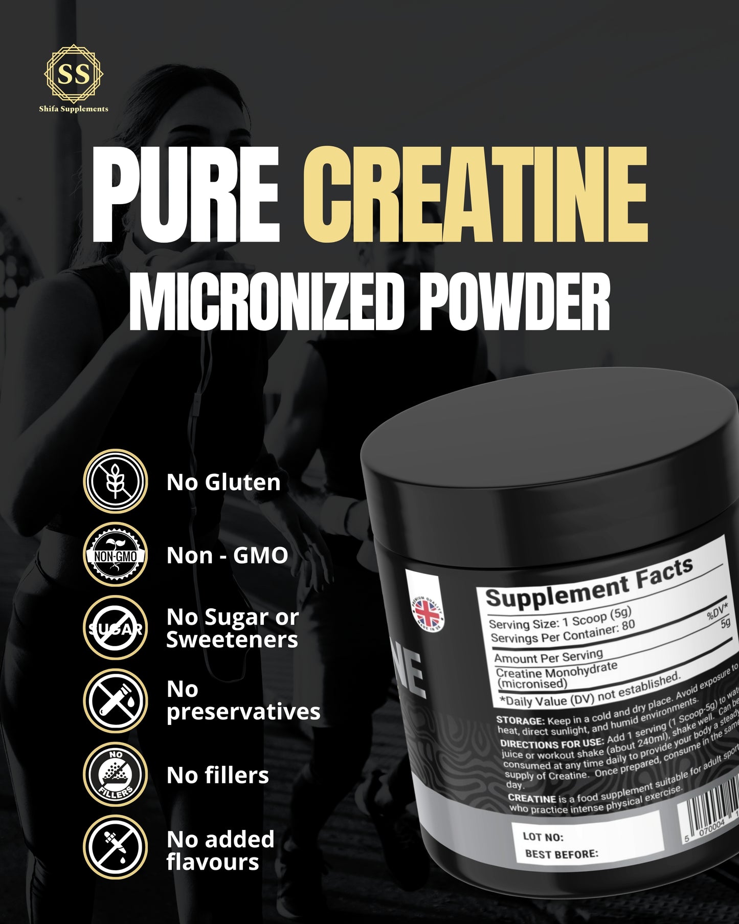 Shifa Supplements - Creatine Monohydrate Powder Helal - Ideal for Muscle Growth & Recovery - Unflavoured Creatine 5g | 100% Pure Micronised Creatine Powder | Supports Strength Performance | 80 Servings