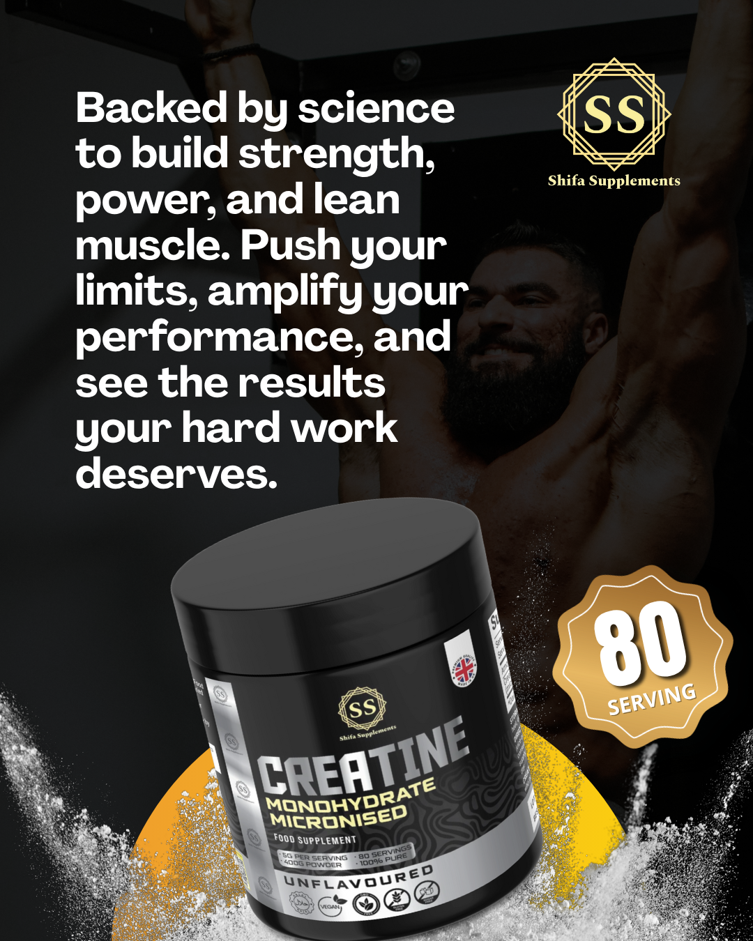 Shifa Supplements - Creatine Monohydrate Powder Helal - Ideal for Muscle Growth & Recovery - Unflavoured Creatine 5g | 100% Pure Micronised Creatine Powder | Supports Strength Performance | 80 Servings